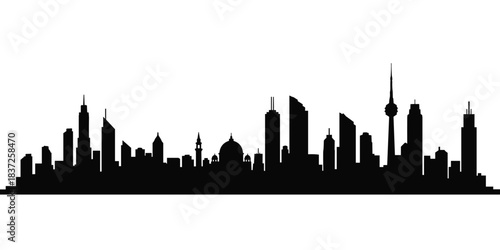 City skyline silhouette with various buildings. Vector urban landscape for architecture design