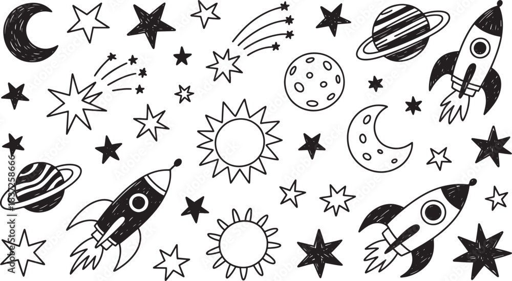 Obraz premium Hand drawn doodle collection of space objects and rockets on white star moon