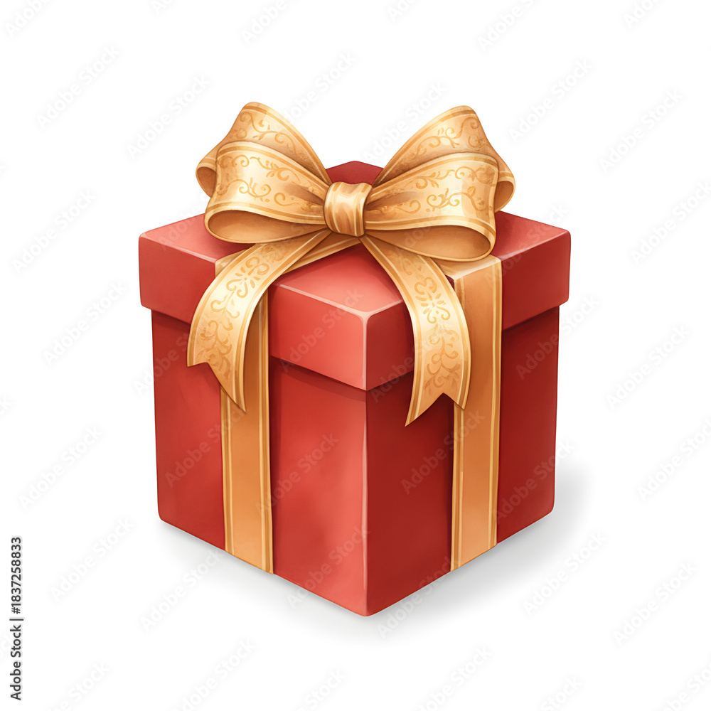 Obraz premium Red Christmas gift box with an elegant golden ribbon and bow. Festive holiday illustration suitable for seasonal designs, greeting cards, advertising, and celebration themes.