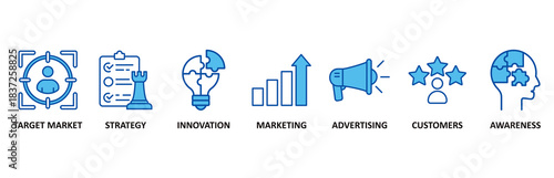 Brand icon set In Blue Style vector illustration for target market, strategy, innovation, marketing, advertising, customers, and awareness