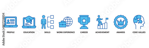 Resume icon set In Blue Style vector illustration for profile, education, skills, work experience, career, achievement, awards, core values