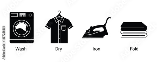 Laundry service vector icons set. Wash, dry, iron and fold clothes vector symbols