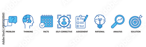 Critical thinking icon set In Blue Style vector illustration for identification, biases, relevance, curiosity, research, inference, process, rationality