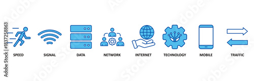 5G icon set In Blue Style vector illustration for speed, signal, data, network, internet, technology, mobile and traffic