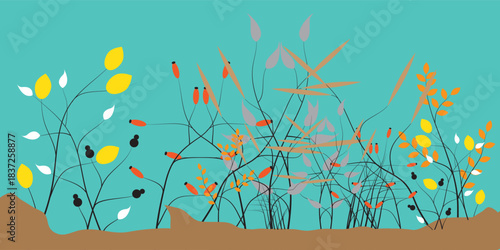 Colorful Abstract Illustration of Stylized Plants with Various Leaf Colors.