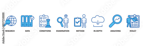 Case study icon set In Blue Style vector illustration for research, data, conditions, examination, method, in-depth, analyzing, and result