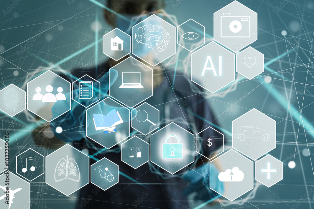 Fototapeta premium Artificial Intelligence AI, Internet of Things IoT. Business man using laptop computer on technology background, big data, deep learning, smart phone chatbot application, 4.0 industrial technology.