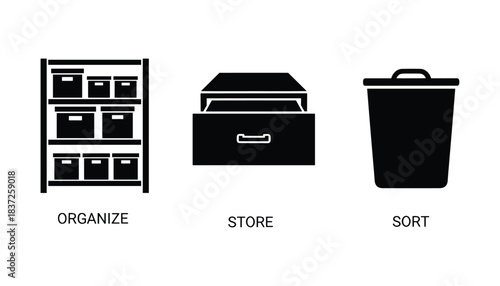 Organize, store, sort vector icons set. Shelf, drawer, trash can vector symbols