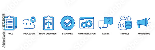 Guideline icon set In Blue Style vector illustration for rule, procedure, legal document, standard, administration, advice, finance, marketing