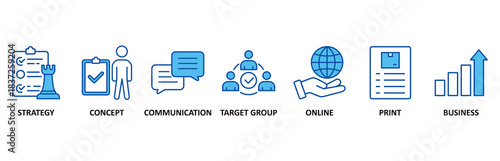 Marketing icon set In Blue Style vector illustration for strategy, concept, communication, target group, online, print and business