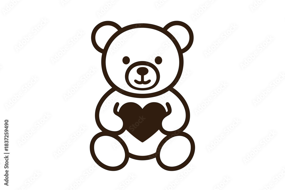 Fototapeta premium Black and white line illustration of a teddy bear sitting and holding a large heart with both paws.