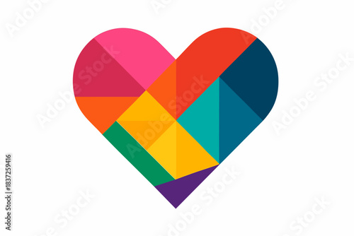 A multicolored heart composed of geometric fragments in the style of a mosaic or tangram. It contains almost all the colors of the rainbow.