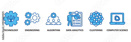 Machine learning icon set In Blue Style vector illustration for technology, engineering, algorthm, data analytics, clustering and computer science