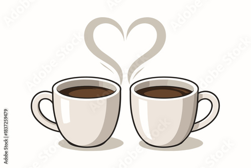 two white cups with hot coffee standing side by side, their steam merging at the top in the shape of a heart 