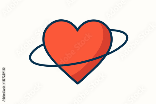 A red heart-shaped planet with a thin blue ring around it, like Saturn