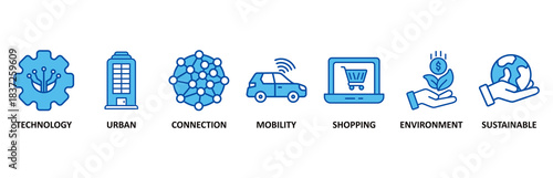 Smart city icon set In Blue Style vector illustration for technology, urban, connection, mobility, shopping, environment and sustainable