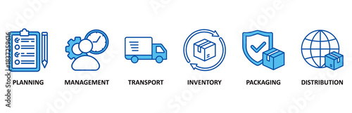 Logistics icon set In Blue Style vector illustration for planning, management, transport, inventory, packaging, and distribution
