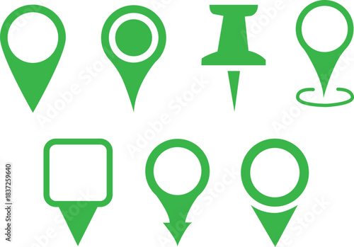 Mapping the World: An Array of Green Location Icons and navigation symbol, pinpointing destinations with precision and elegance. Ideal for travel, geography and data visualization. 