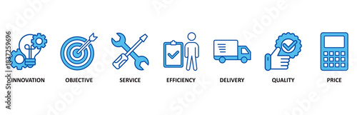Product icon set In Blue Style vector illustration for innovation, objective, service, efficiency, delivery, quality and price