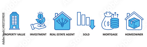 Real estate icon set In Blue Style vector illustration for property value, investment, real estate agent, sold, mortgage and homeowner