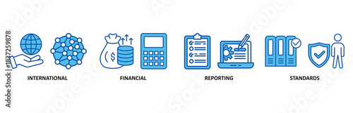 Ifrs icon set In Blue Style vector illustration for international financial reporting standards with icon of global, network, money, documents, books, and writing