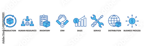 Enterprise resource planning icon set In Blue Style vector illustration for production, human resources, inventory, crm, sales, service, distribution, business process