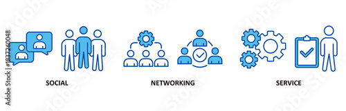 SNS icon set In Blue Style vector illustration for social networking service with icon of communication, chat, community, internet, and user