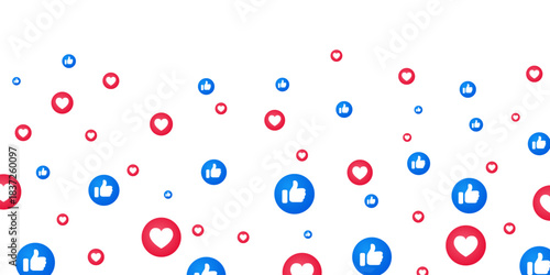 Social media like and heart icons background. Buttons thumb up like and red heart. Social media reaction background for advertisement promotion, marketing. Heart like flying media icons