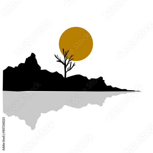 Minimalist silhouette of a rocky mountain range with a barren tree under a large sun, reflecting on water. Captures a serene, dramatic, and natural landscape scene