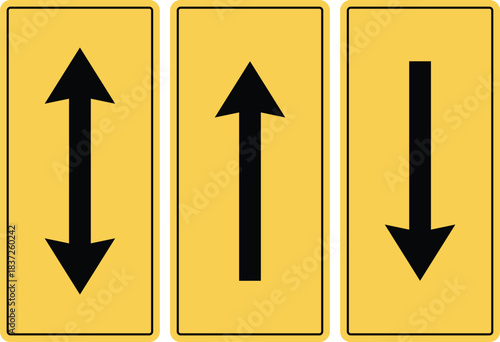 Arrows of Direction: Three informational signs of road ahead featuring up, down, and bidirectional arrow symbols on yellow backgrounds. Each design is concise and straightforward. 