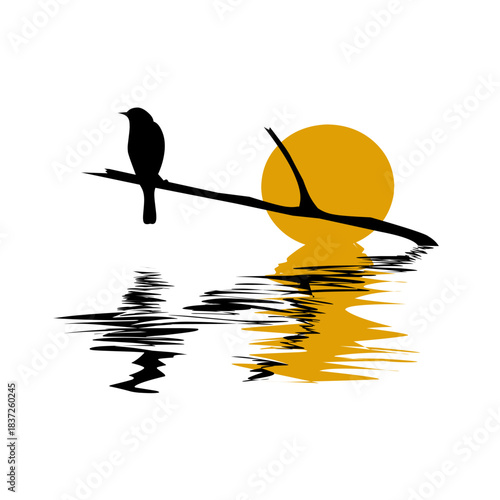 Minimalist silhouette of a bird perched on a branch above water, with a yellow sun and ripple reflection. Represents peace, tranquility, nature, and sunset/sunrise moments
