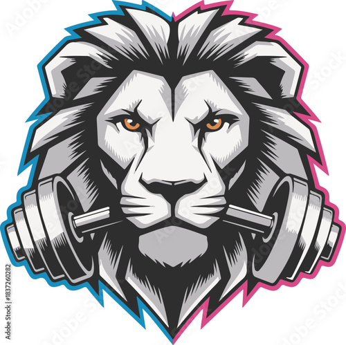 Fierce vector white lion head with dumbbells and neon outline