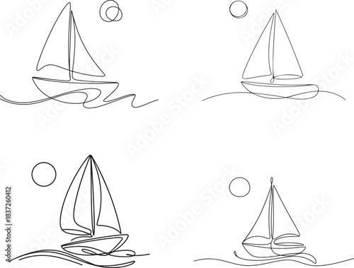 Four Sailboats Continuous Line Art Style vector sailing
