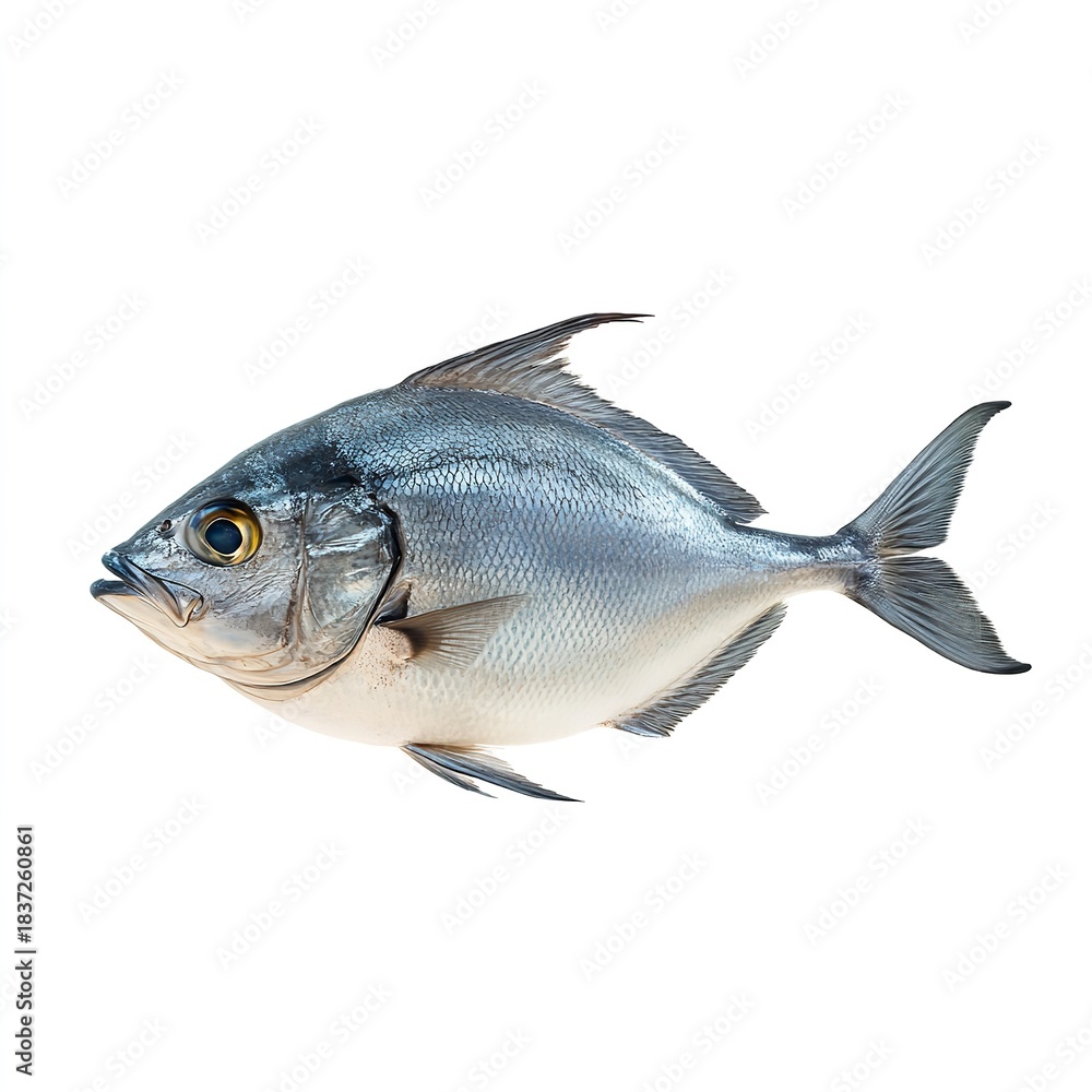 Fototapeta premium Freshly caught silver pomfret fish on a clean ready for culinary preparation on white background