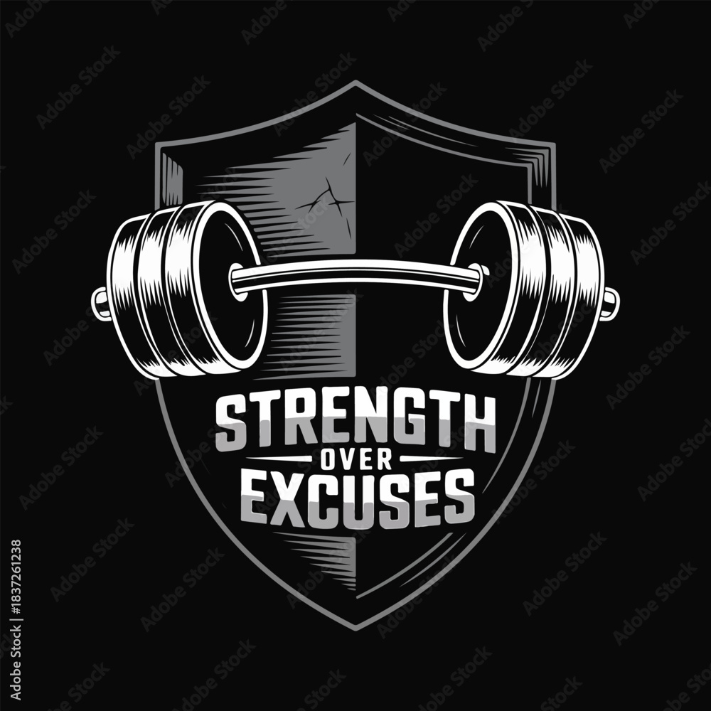Fototapeta premium Monochrome shield with barbell and text strength over excuses vector