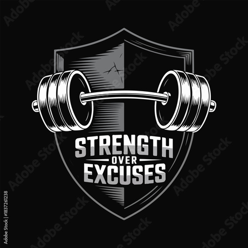 Monochrome shield with barbell and text strength over excuses vector