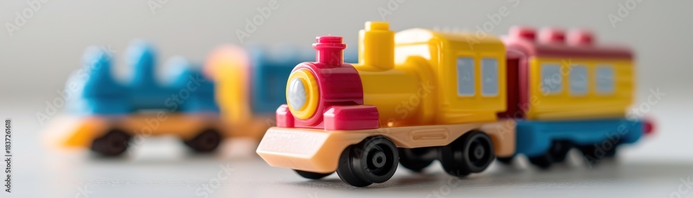Naklejka premium A toy train with bright colors is displayed alone on a white surface. Nearby are additional toy train cars showing playful design. The scene is simple and focused on the train
