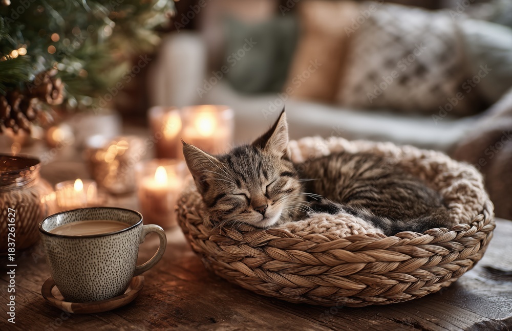 Obraz premium Sleeping Kitten In Basket With Coffee And Candles