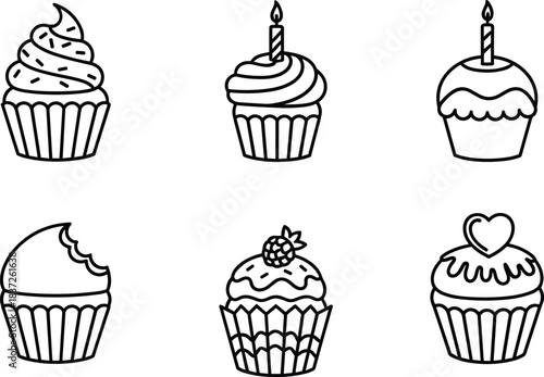 Six hand drawn cupcake icons with different toppings and sprinkles