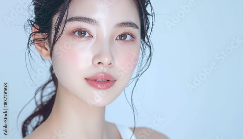 日本人, 超リアル, 美しい若い女性, 顔クローズアップ, 欠点のない肌, 輝く肌質, ナチュラルメイク, 柔らかなライティング, 美容CM風, シネマティック, カメラ目線, 高解像度, Japanese, ultra-realistic, beautiful young woman, face close-up, flawless skin, glowing complexion