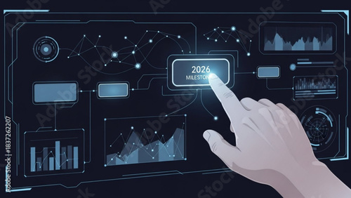 Technological Touch: A digital interface displays data streams as a finger interacts, representing future technology and innovation in a sleek and modern design.