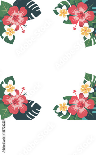 Red hibiscus and vector white plumeria flowers with green leaves 1
