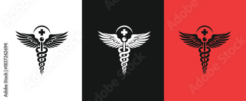 Caduceus medical symbol with wings and cross variations Vector on white background