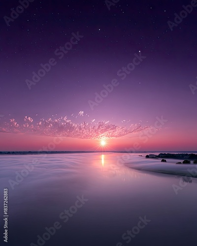 Vibrant Sunrise Over Misty Landscape with Starry Sky and Sunburst Gradient