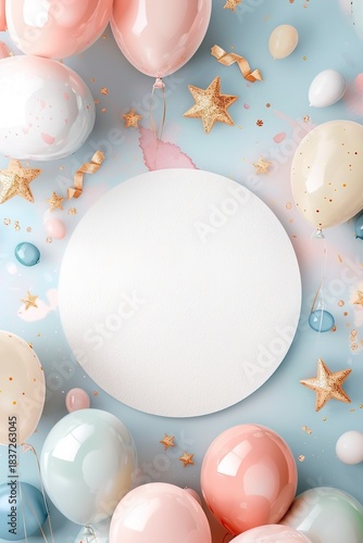 Balloons and gold stars fill the frame and surround a blank space perfect for adding a message. This scene suits birthday parties and festive gatherings, focusing on fun decorations