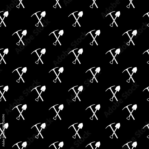 Shovel and pick seamless pattern isolated on black background