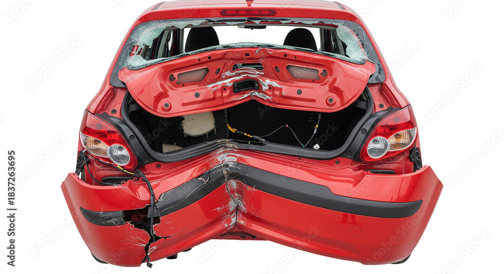 Naklejka premium Damage to rear section of small red hatchback caused by collision on road in urban area during the day