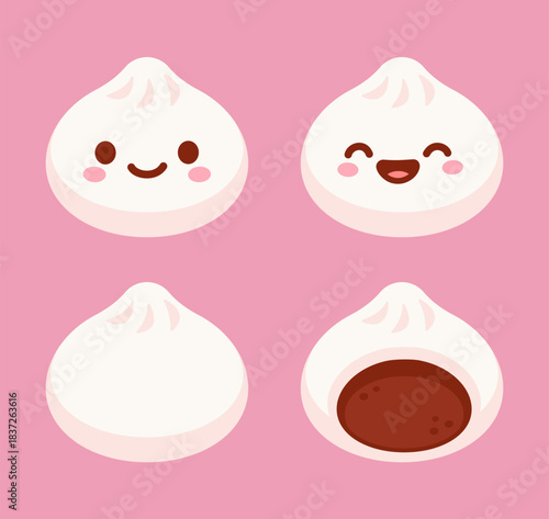 Baozi, dim sum, xiaolongbao. Traditional Chinese dumplings with kawaii face and cross section showing filling. Asian food vector illustration.