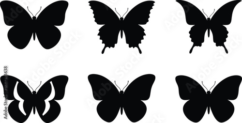 A collection of six detailed black vector silhouettes showcasing various butterfly wing shapes and patterns, representing nature, elegance, freedom, and delicate insect life.