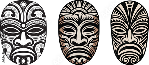 Three tribal masks with vector black tan and white designs